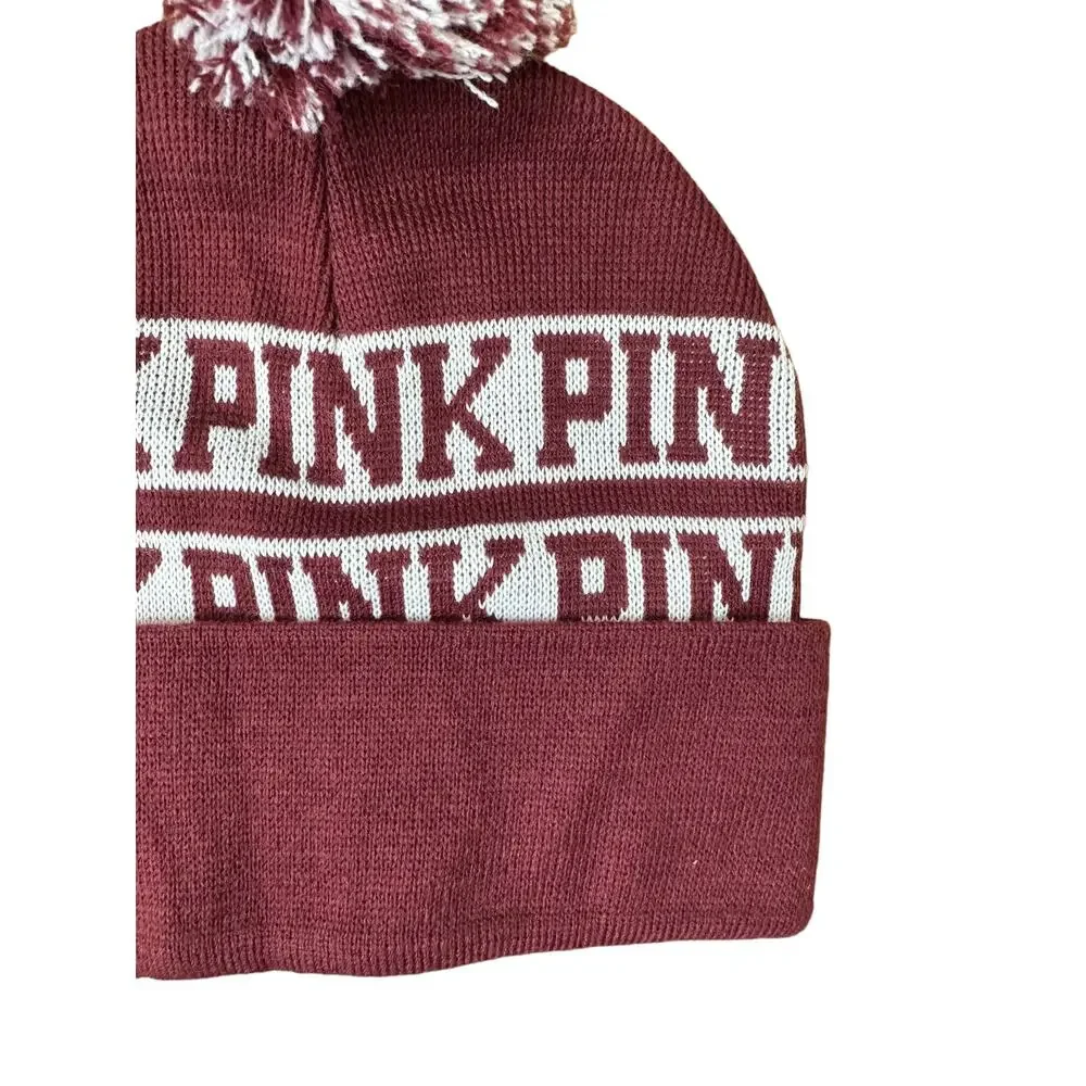 PINK Victoria's Secret Maroon & White Pom-Pom Beanie Hat New